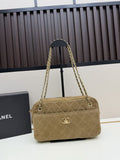 Chanel Quilted Suede Camera Bag with Gold Chain Straps