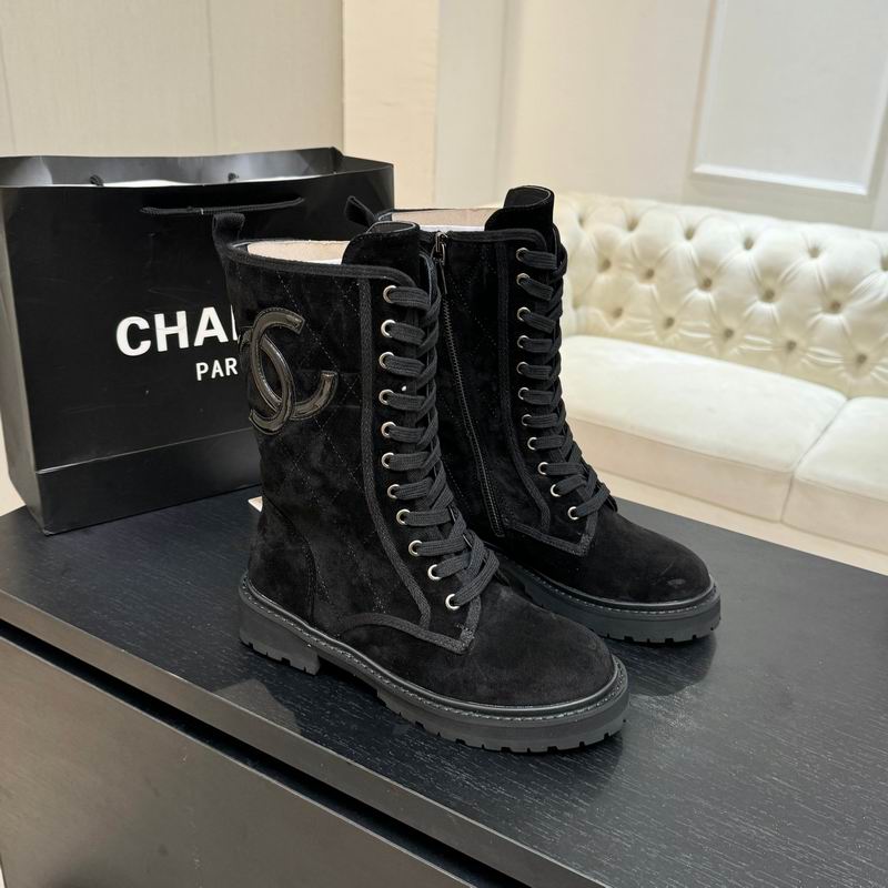 Chanel CC quilted suede lace-up combat boots in black with CC logo hardware