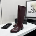 Chanel Burgundy Croc-Embossed Knee-High Boots