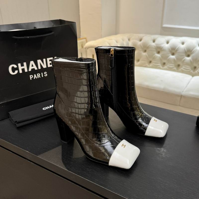 Chanel Black Croc-Embossed Ankle Boots with White Cap Toes