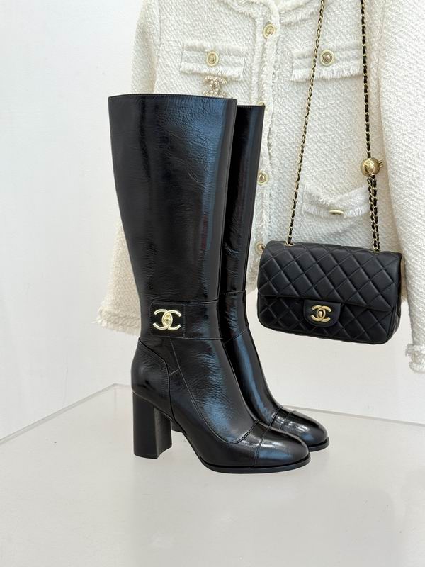 Chanel Black Knee-High Boots with Gold CC Logo