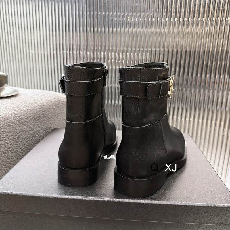 CHANEL Black Ankle Boots with Gold-Tone CC Detail