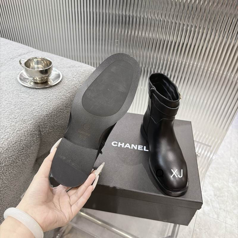 CHANEL Black Ankle Boots with Gold-Tone CC Detail