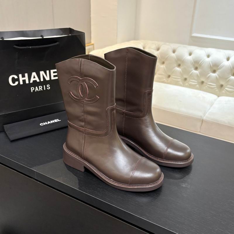 Chanel CC Logo Mid-Calf Cowboy Boots – Dark Brown Leather