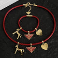 Prada Red Braided Leather Charm Necklace & Bracelet Set - Gold-Tone Horse, Heart & Triangle Charms