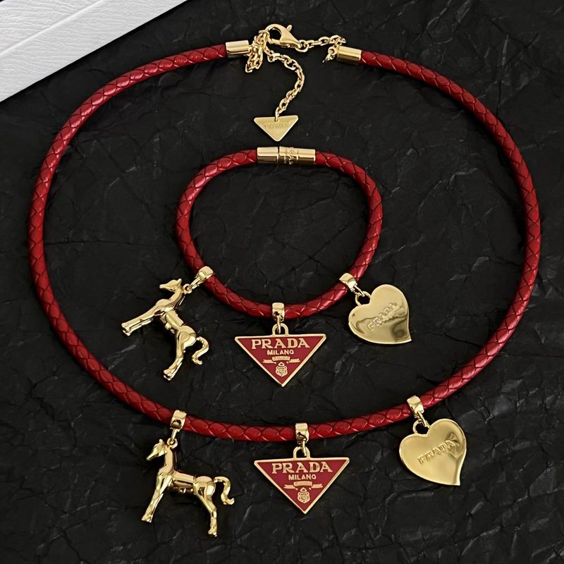 Prada Red Braided Leather Charm Necklace & Bracelet Set - Gold-Tone Horse, Heart & Triangle Charms
