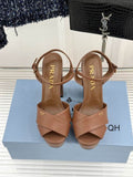 Prada Tan Crisscross Ankle-Strap Heeled Sandals
