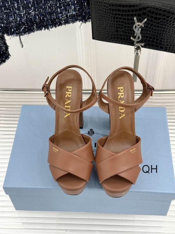 Prada Tan Crisscross Ankle-Strap Heeled Sandals