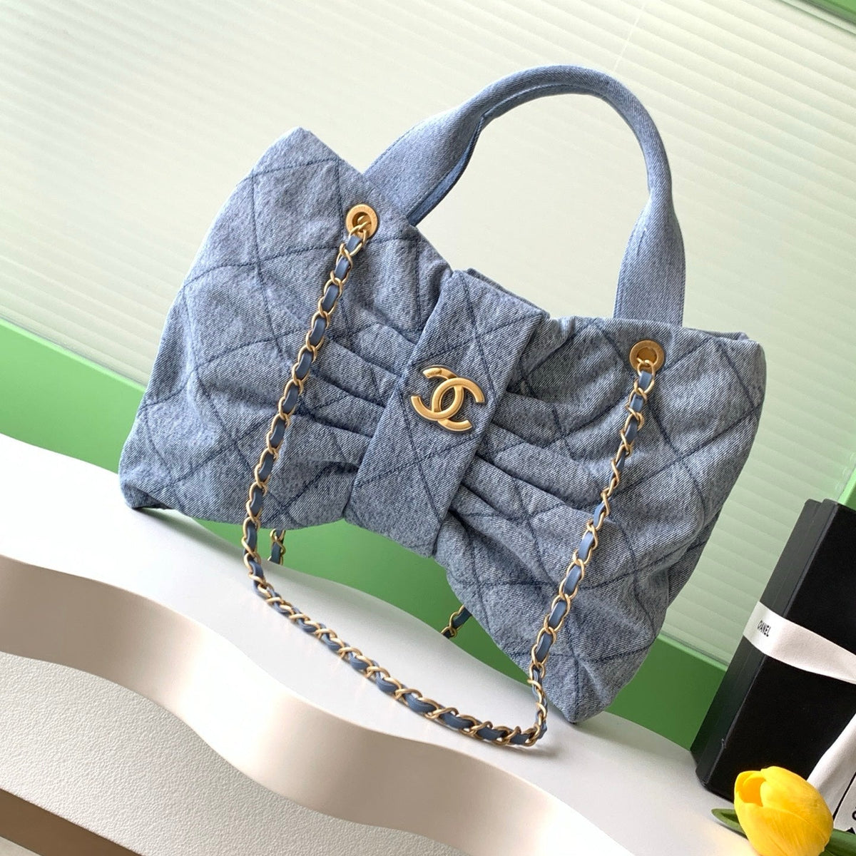 CHANEL 25S MAXI BOW BAG 38 IN BLUE DENIM WITH GOLD HARDWARE