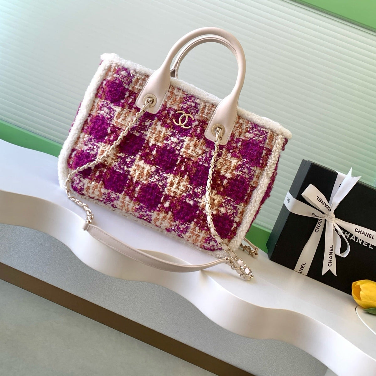 CHANEL 25S SHOPPING BAG 34 IN DARK PINK MIX WHITE TWEED